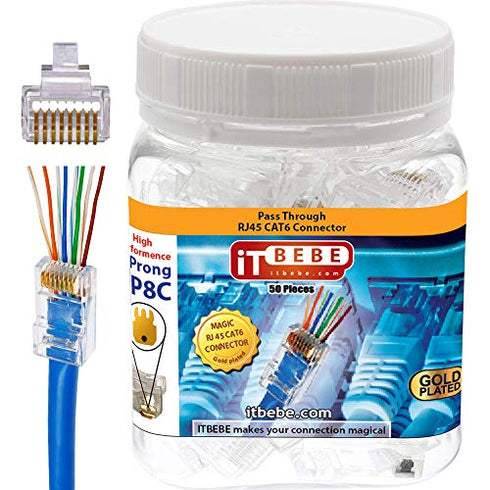 ITBEBE 50 Pieces RJ45 Cat6 Pass Through Connectors - Gold Plated Transparent Passthrough Ethernet Insert Crimp Connector UTP Network Plug for 24 A...