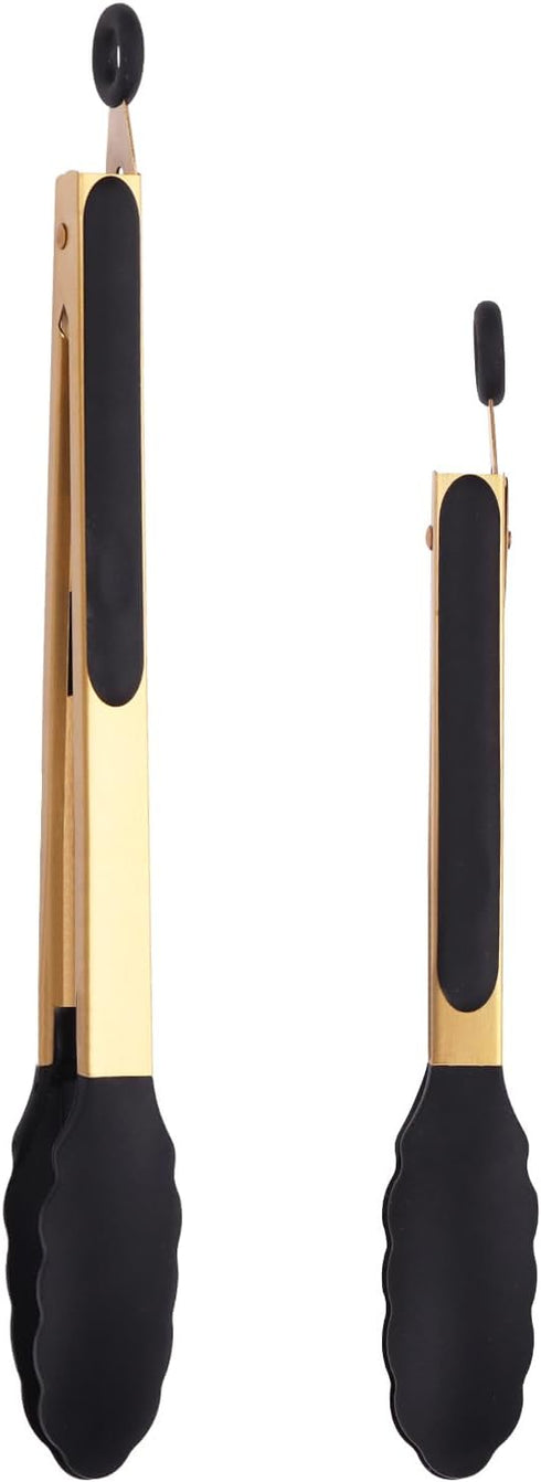 Stainless Steel Classic Kitchen Serving Food Party Gold Tongs 9" and 12" Cooking Tong with BPA Free Silicone Tips, Dishwasher Safe Serving Tools(s...