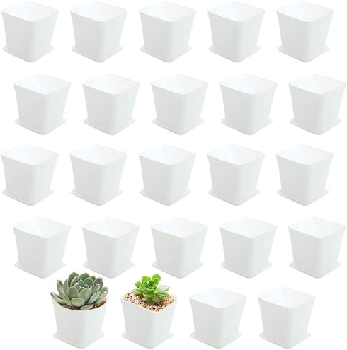 OJYUDD 3inch White Square Plastic Pots with Saucer, Drainage Hole, 24 Pcs, for Flower/Plant, Home,Company,Office and Garden(White)...