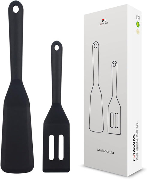 Pack of 2 Mini Silicone Turner/Spatula,Heat Resistant & Non Stick Kitchen Small Spatulas for Cooking & Serving,Black...