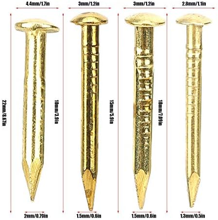 100Pcs Brass Escutcheon Tacks, Round Head Brass Brad Nail Hardware Nail Assortment Kit Furniture Hinge Hardware Accessories 10mm/15mm/18mm/22mm(18...