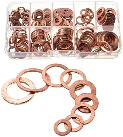 200Pcs Engine Oil Drain Plug Copper Crush Washer Seal O-Ring Gasket 9 Sizes in Box...