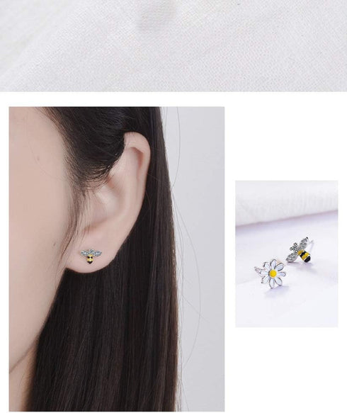 CZ Bee Daisy Flower Asymmetric Sterling Silver Tiny Small Stud Earrings for Women Teen Girls Cartilage Tragus Sensitive Ear Fashion Animal Cute Mi...