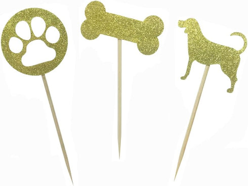 Morndew 24 PCS Gold Glitter Dog Palm and Bone Cupcake Toppers for Baby Shower Birthday Party Wedding Party Decorations...