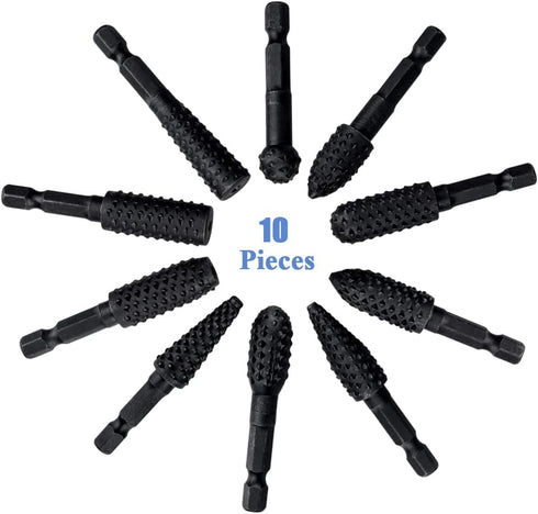 Mesee 10 Pieces Rotary Burr Rasp Set, 1/4 Inch Hex Shank Quick Change Wood Carving Drill Bits Carbon Steel File Rasp DIY Woodworking Tool for Wood...