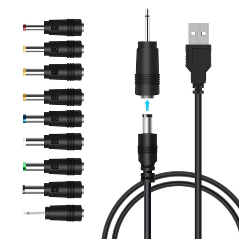 LANMU USB to DC Power Cable, DC 5V Power Cord Charging Cable with 9 Adapters (6.4 * 4.4mm, 6.3 * 3.0mm, 5.5 * 2.5mm, 5.5 * 2.1mm, 5.5 * 1.7 mm, 4....