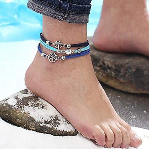 LAIMIO 4 Pcs Anklets Bracelet-Women Anklet Boho Beads Antique Silver Life Tree Anklets Foot Chain Beach Jewelry...