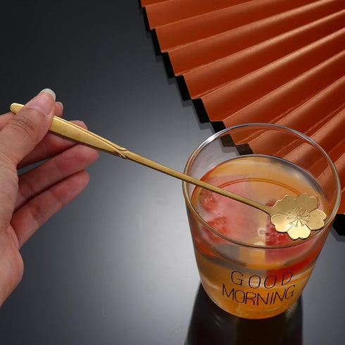 16 Pieces Flower Spoon Coffee Teaspoon 7 Inch Stainless Steel Long Handle Spoon Stir Bar Spoon Stirring Spoon Ice Cream Spoon Gold Sakura Shaped...