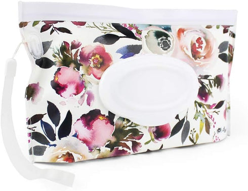 Itzy Ritzy Travel Wipes Case - Reusable Wipe Pouch – Take & Travel Pouch Holds Up To 30 Wet Wipes, Includes Silicone Wristlet Strap, Floral...
