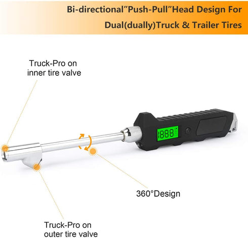 Number-one Digital Tire Pressure Gauge 230 PSI Auto Shut Off LCD Backlight Digital Display RV Heavy Duty Dual Head Rotatable Pressure Measuring Va...