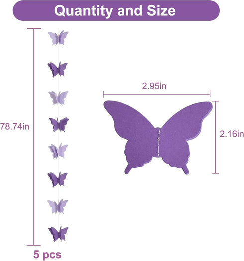 BEISHIDA 5Pcs Purple Lavender Butterfly Paper Garland Hanging Decorative Banner for Halloween Home Ceiling Decor Birthday Party Baby Shower Weddin...