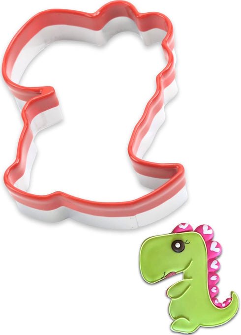 Dinosaur Cookie Cutter 5“, Dinosaur Biscuit Cutter, Cookie Cutter for Baking, Cookie Cutter for Kids, Metal Cookie Cutter Coated with Red Top Rubb...