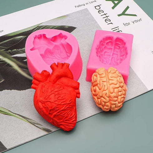 2 Pack Organ Shape Silicone Heart Brain Epoxy Resin Decoration Plaster Candle Aroma Fondant Mousse Chocolate DIY Aromatherapy Mold...