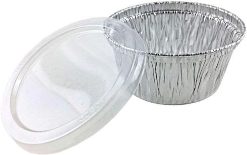 Disposable Muffin Cups (4-oz) –With Plastic Lids- Premium Food-Grade Quality Aluminum Cupcake Tip Pan Ramekin Holders – Accommodates Hot/Cold, Coo...