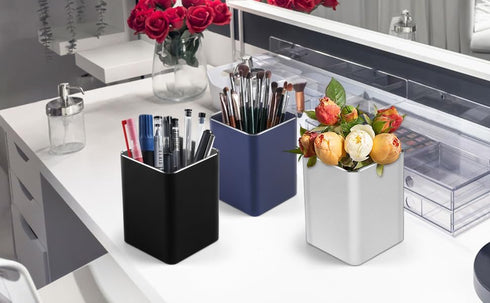 Metal Pen Holder for Desk Square Aluminum Desktop Organizer and Makeup Brush Holder Storage Box for Office, School, Home, and Kids, Non-slip silic...