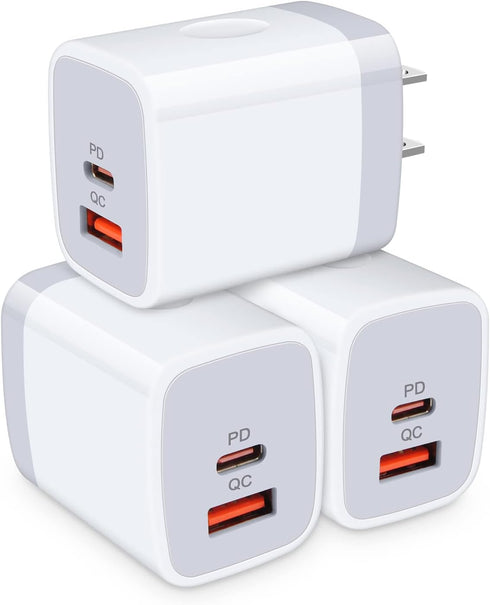 USB C Power Adapter,3Pack 20W 2 Port PD&QC 3.0 Type C Fast Charging Block Wall Charger Compatible for iPhone 16e 16 15 14 13 12 11 Pro Max,SE,iPad...