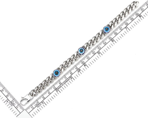 COOLSTEELANDBEYOND Classic Stainless Steel Curb Chain Bracelet with Evil Eye Charms, for Men, Silver Color...