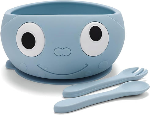 Big Eyes Baby Suction Bowl Self Feeding Set | Baby Fork and Spoon Set | Food Grade Silicone Plate for Babies & Toddlers | 4+ months (Blue)...