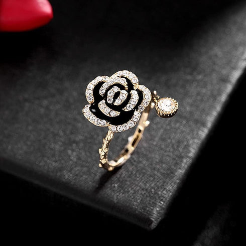 Vivid Black Rose Flower Open Statement Rings for Women CZ Crystal Blooming Wrap Finger Band Engagement Wedding Stacking Ring...