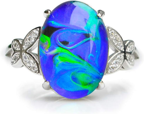 Opalescent Swirl Color Changing Oval Crystal Stone Brass Mood Ring Size Adjustable For Women...