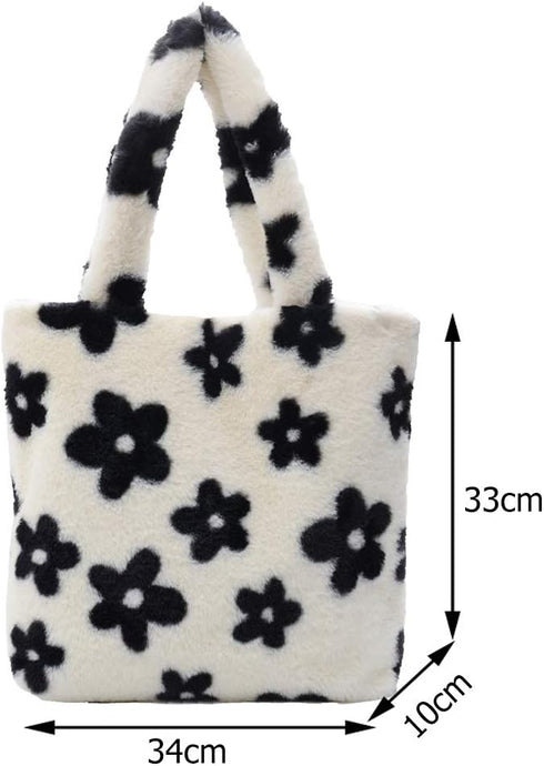 Plush Underarm Bag, Ladies Fluffy Shoulder Bag, Women Furry Flower Tote Bag Y2K Plush Handbag for Autumn and Winter...