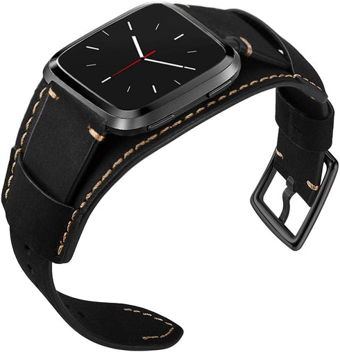 Compatible Fitbit Versa Bands, Genuine Leather Cuff Bracelet Replacement Strap with Stainless Steel Buckle for Men Women (Black)...