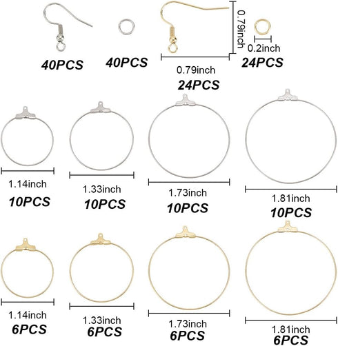 DELORIGIN 192pcs Earring Making Kit with Round Beading Hoop Earring Finding Stainless Steel Earring Finding Component Earring Hooks Jump Rings for...