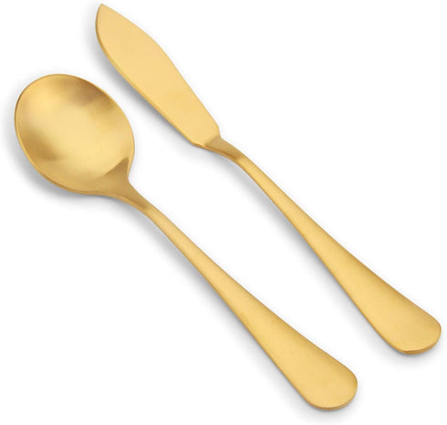 Matte Gold Serving Set?SHARECOOK 5-Piece 18/0 Stainless Steel Large Hostess Set with Round Edge, Satin Finished, Dishwasher Safe -Spoons, Forks,Bu...