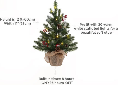 MEETYAMOR 2 FT Mini Christmas Tree, 24" PE Prelit Small Artificial Tabletop Snow Flocked Christmas Trees Decor with 20 Lights Timer, Outdoor Indoo...
