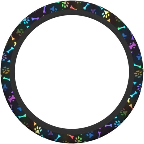 Black Rainbow Dog Paw Print Steering Wheel Cover Colorful Cute Bones Stearing Wheeler Covers Cooling Sterringwheelcovers Cool Girl Stering Coverin...