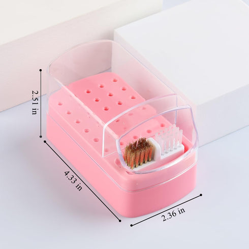 2 in 1 Pink Nail Drill Bit Holder and Nail Drill Bits Cleaner Brush Case, 30 Holes Dust-proof Nail Bit Holder Organizer Display Storage Box, Nail ...
