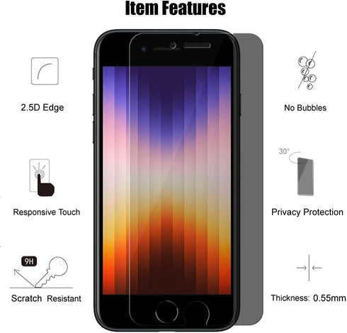 3 Pack Privacy Screen Protector For iPhone SE 2022 (3rd Generation) / iPhone SE 2020 (2nd Generation) / iPhone 8 / iPhone 7 (4.7") Anti Spy Privat...