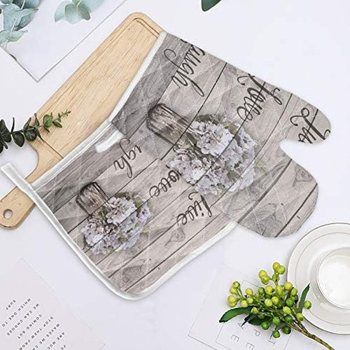 Set of Oven Mitt and Pot Holder,Oven Gloves Heat Resistance Non-Slip Surface for Kitchen BBQ Cooking Baking Grilling, Live Love Laugh Vintage Hydr...