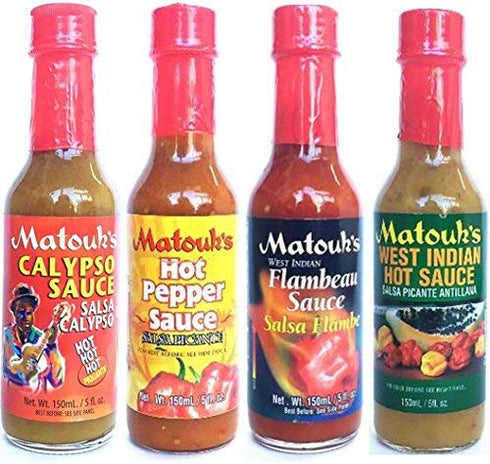 Matouks Hot Sauce Variety Pack 5 oz: West Indian Hot Sauce 5 oz, Calypso Hot Sauce 5 oz, Hot Pepper Sauce 5 oz, Flambeau Hot Sauce 5 Oz....