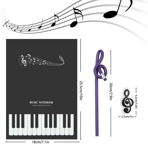 Apol Music Notes Theme Stationery Set 8 Pieces Include 1 Pcs Stave Music Notebook 2 Pcs High-notes Eraser and 5 Pcs Notes Pencils for For Students...