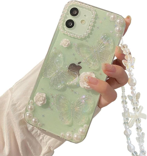 for iPhone 12/12 Pro Case with Phone Charm Chain 3D Butterfly Flower Cute Phone Case,Crystal Clear Pearl Case for iPhone 12/12 Pro Women Girl...