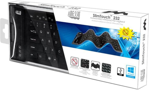 Adesso SlimTouch 232 Antimicrobial Waterproof Flexible Keyboard for Windows 8/7/Vista/XP/2000 (AKB-232UB), black...