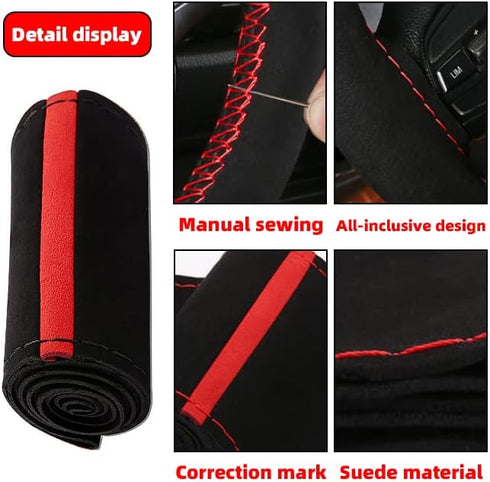 Car Steering Wheel Cover, 15 Inch Durable Genuine Leather Stitch On Wrap Steering Wheel Protector for Women Men, Universal Auto Interior Accessori...