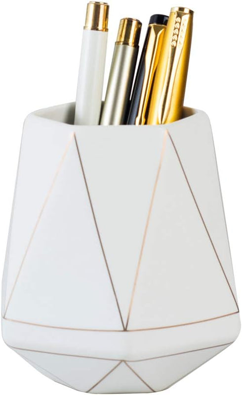 Ceramic Desk Cute Pen Holder Stand Gold Line Pencil Cup Pot Desk Organizer Makeup Brush Holder (White)...