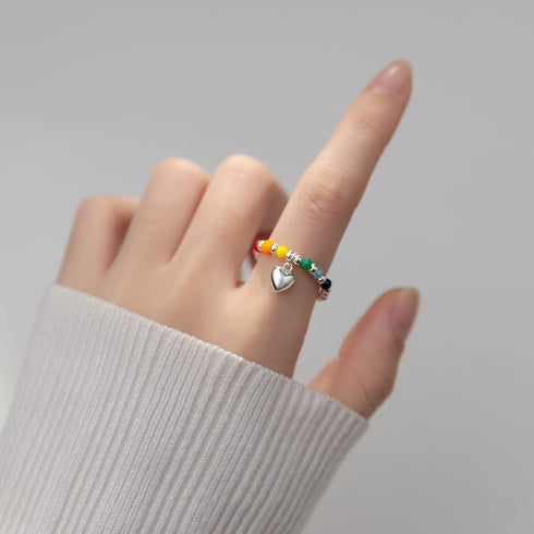 Colorful Beads Love Heart Statement Rings Sterling Silver 925 Ball Bead Elasticity Engagement Promise Ring Dangle Charm Finger Band Wedding Ring A...