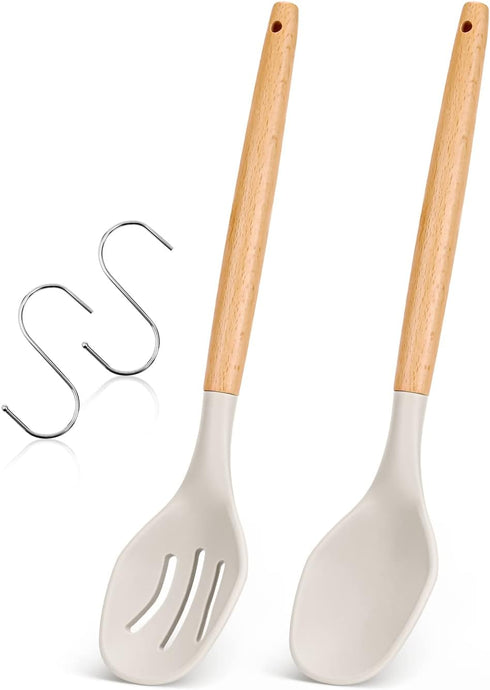 Large Silicone Cooking Spoons, 2 Pack Nonstick Solid and Slotted Wooden handle Spoon Set, Heat Resistan Silicone Kitchen Spoons for Cooking, Servi...