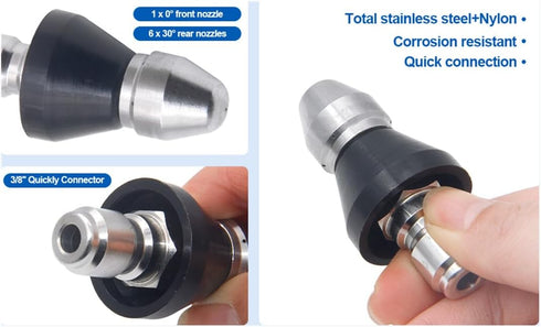 (2Pcs) Pressure Washer Sewer Jetter Nozzle with Stainless Steel, Durable Design Sewer Jet Nozzle,Pressure Drain Jetter Hose Nozzle,3/8'' Quickly C...