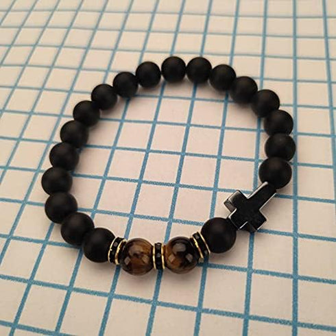 YangQian Cross Bracelet for Men Tiger Eye Catholic Rosary Bracelet for Men Boys Adjustable Natural Crystal Stone Bead Anti Anxiety Stretch Bracele...