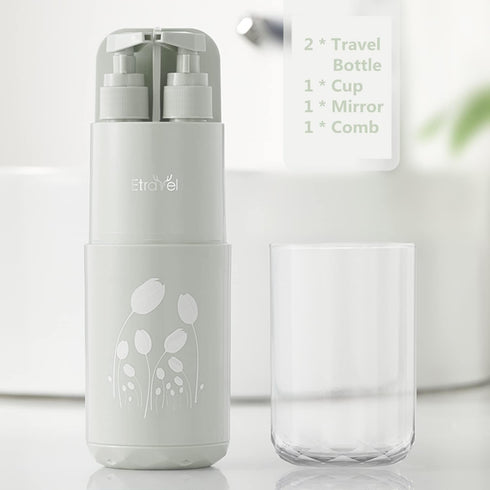 Travel Cups, Toothbrush Cup, Portable Travel Toothbrush Cases, 2 x 45 ml Pump Bottle Soap Dispenser, Mirror, Comb for Camping Business Travel (Gre...