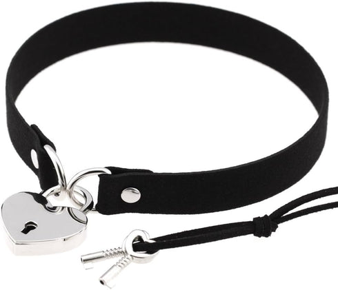 Openable Heart Lock Charm 0.66" Width Simulated Leather Cloth Choker...