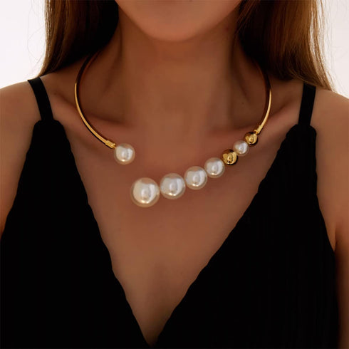Metal Big Pearl Open Choker Necklace for Women Adjustable Gold Big Pearl Choker Necklaces Round Open Cuff Necklace Chunky Pearl Necklace for Women...