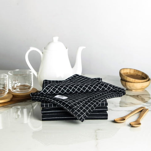 Encasa XO Cotton Kitchen Towel Set | Hand and Tea Cloth for Cleaning & Quick Drying, X-Large 28"x18" (Pack of 4) Highly Absorbent - Butcher Black...