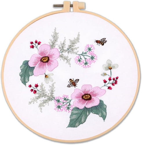 Meecaa Bee Flower Embroidery Kit Starter Set, Hand Embroidery Set,Pattern Printed Cross Stitch Set for Beginner Adults, with Embroidery Hoop and I...
