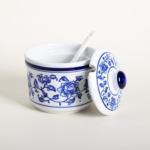 Retro Ceramic Blue and White Sugar Bowl Seasoning Pot Storage Jar with Lid...