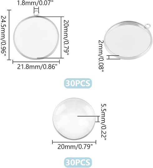 UNICRAFTALE 30pcs DIY Blank Dome 304 Stainless Steel Pendant Making Kits Flat Round Bezel Tray Charms with Glass Cabochons Blank Bezel Pendant Tra...